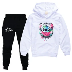 Lilo Stitch Kids Sportswear Suits Girls Boys Casual Thin Hoodie Black Pants Teen Chilren Outerwear Clothing Sets