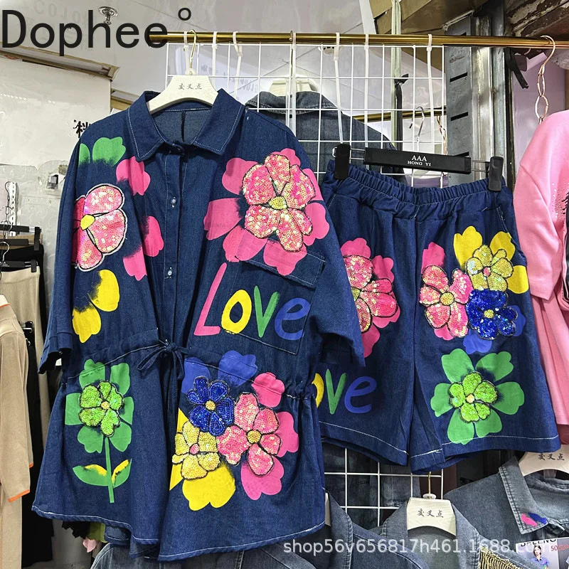

Fashion Spring Summer Women Two-piece Set Embroidery Sequins Flowers Short Sleeve Shirt Coat + Elastic Waist Wide Leg Shorts