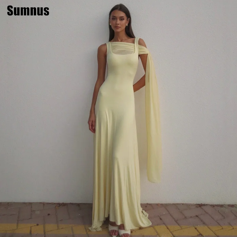 

Sumnus Charming Mermaid Maxi Prom Dress Yellow Square Collar Sleeveless Party Dresses With Scarf robes de soirée Customized