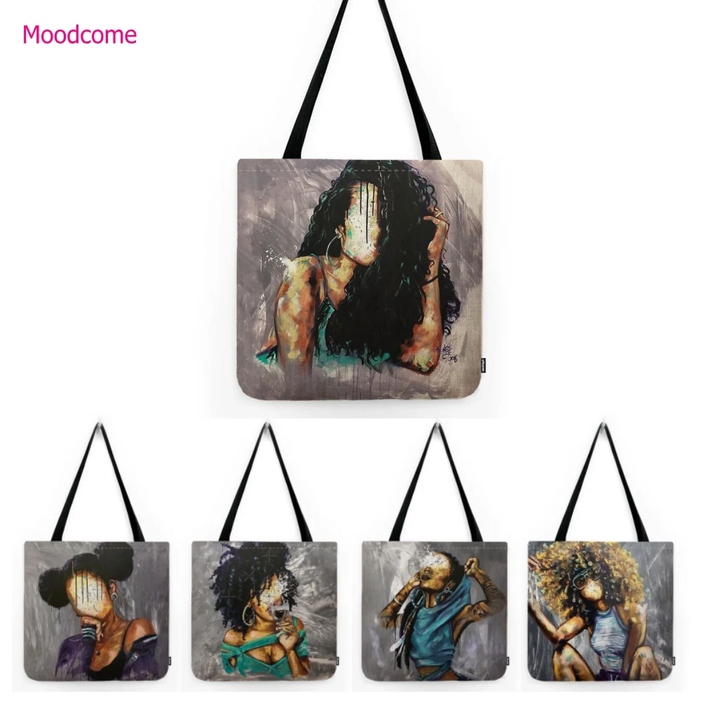 Modern Abstract Blurred Mosaic Face Black African Girl Oil Painting Fashion Trendy Cotton Linen Shoulder Bag Shopper Tote Bag