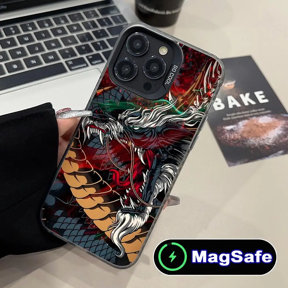 East Orient Dragon حافظة هاتف محمول لهاتف آيفون 16 15 14 13 12 11 Pro Max Plus MagSafe غطاء فاخر مطبوع ملون شفاف