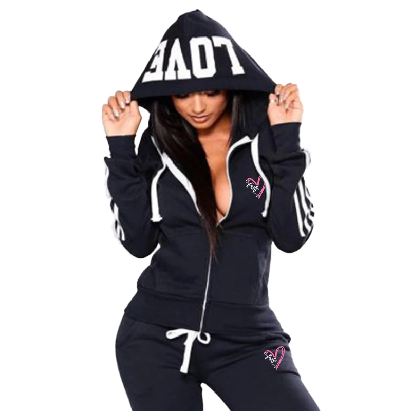 Summer women\'s full zip hoodie+sports pants two-piece set of sportswear printed hooded jogging sportswear two-piece set