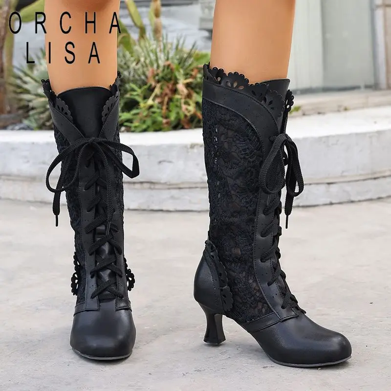 

ORCHA LISA/модные женские ботинки с круглым носком, 6 см, на блочном каблуке, со шнуровкой, из дышащей сетки, большой размер 46, 47, осень