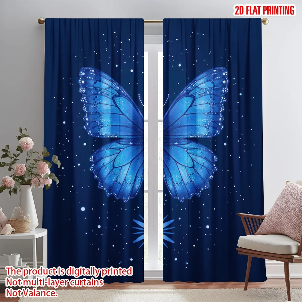 

2D плоская печать, 2 шт., праздничные шторы с синими бабочками и звездами, цифровая печать, полиэстеровые занавески, сезонный декор для вечеринок и праздников