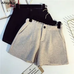 Shorts coreanos de lã para mulheres, garotas elegantes e elegantes, outono e inverno, simples, tudo combina, cintura alta, moda de rua universitária, aconchegante