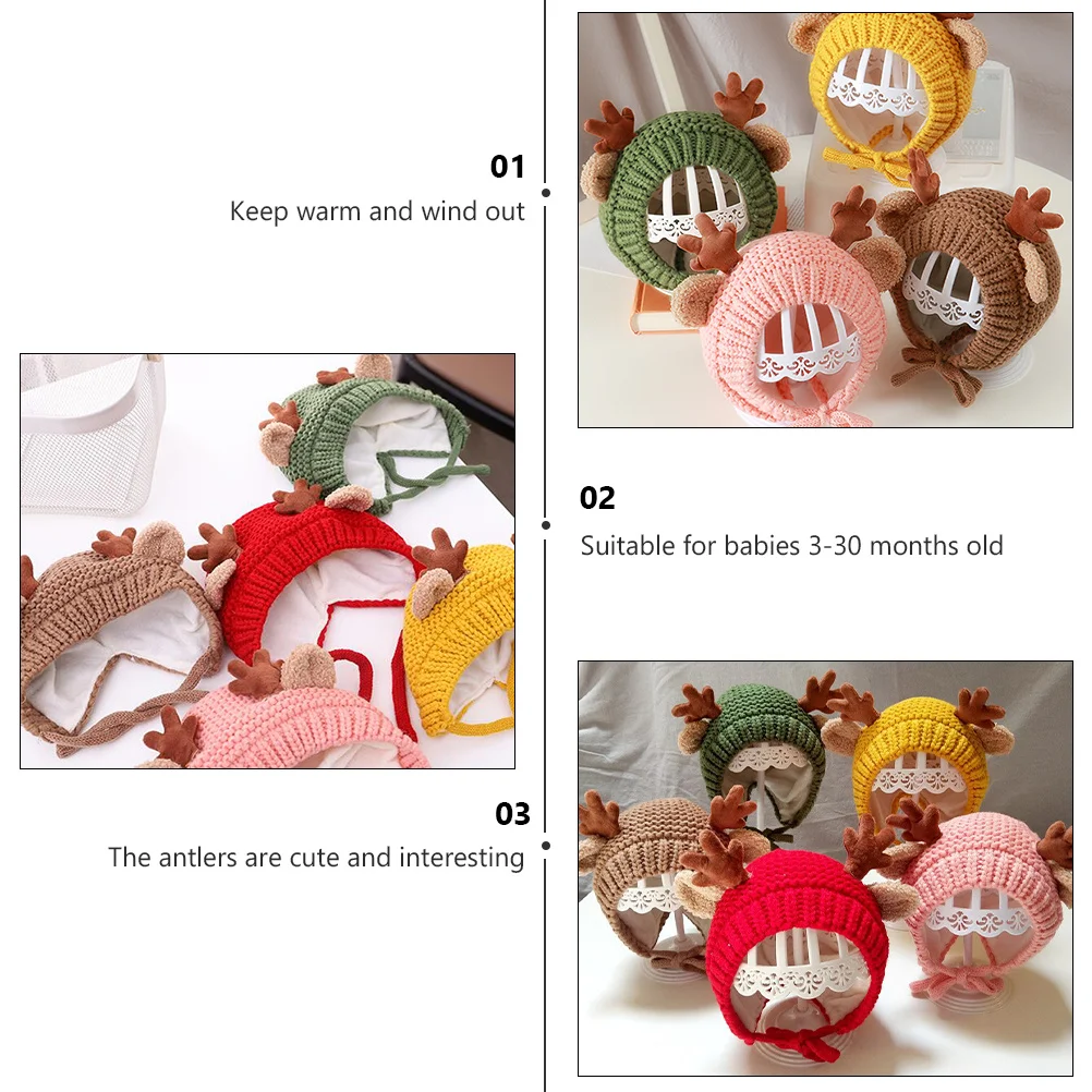 1Pcs Baby Winter Hat Christmas Knitted Cap Antler Design Fleece Lined Soft Warm Woolen Hat Yarn Cap, Baby Accessories