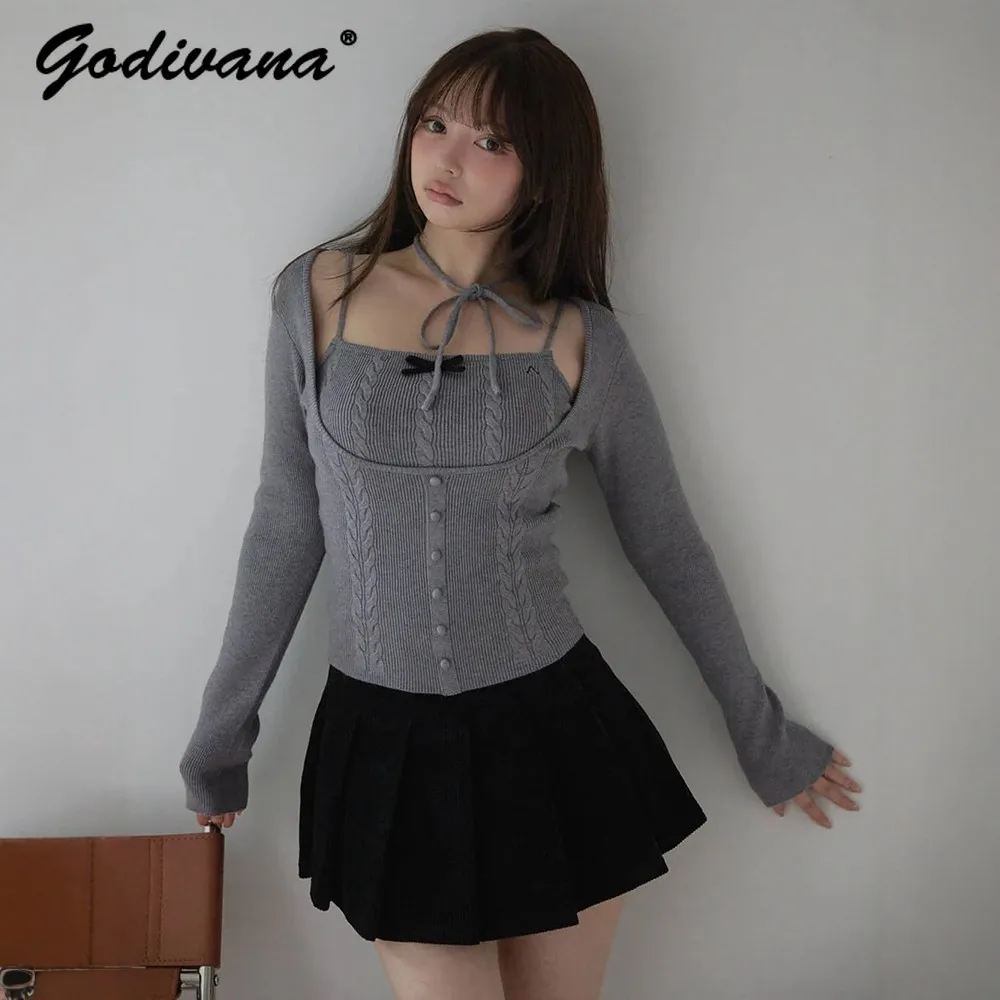 

Комплект женской вязаной одежды в японском стиле: эластичный жаккардовый топ-камизоль и свитер с длинным рукавом, облегающий крой, повседневный стиль