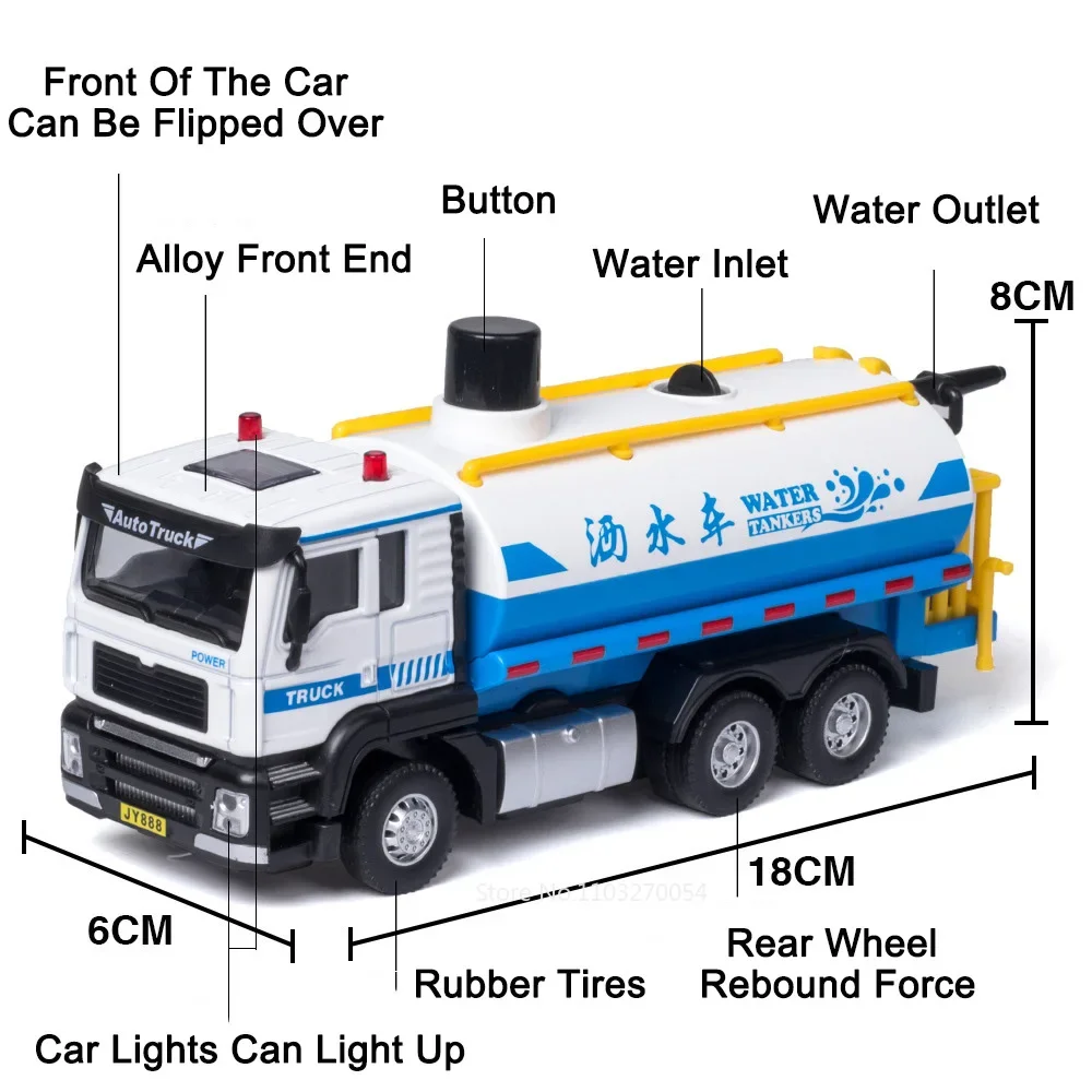 1:50 위생 트럭 모형 미니어처 자동차 장난감, 합금 다이캐스트 스프링클러 트럭, 고무 타이어 사운드 라이트 풀백 장난감, 어린이용 선물