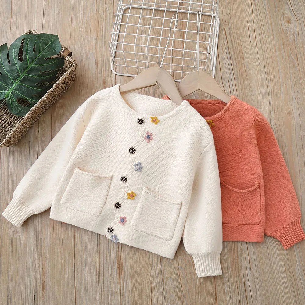 

Girls Cute Sweaters Casual Floral Knit Cardigan Coats Kids Long Sleeve Single-breasted Knitted Cardigans Children Clothes
