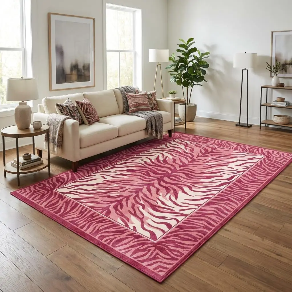Watercolor Zebra Stripe Themed Rug, Anti-Slip Mat with Blush Pink Design for Living Room & Bedroom,Soft Exotic Decorative Carpet