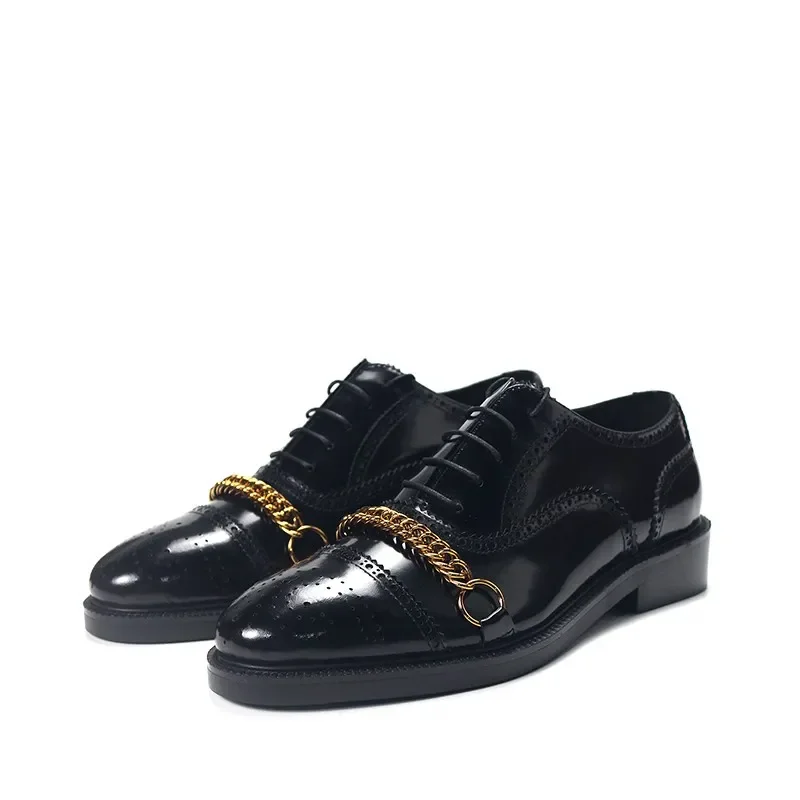 Gold Chains Mens Derby Shoes Handmade Genuine Leather Fashion Flat heel Gentlemen Wedding Dress Shoe
