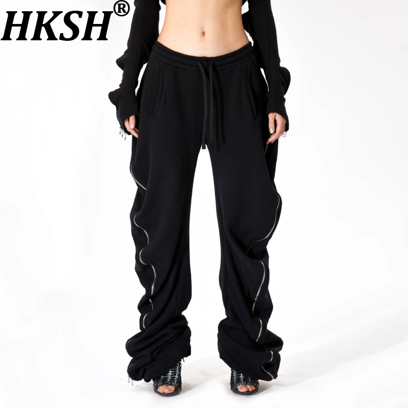 HKSH Women Sporty Pants Drawstring Elastic Waisted Zipper Decoration Pleated Streetwear Trend Casual Wide Leg Sweatpants HK21868