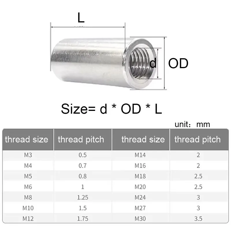 1-10Pcs 304 Stainless Steel M8 M10 M12 M14 M16 M20 Round Coupling Nuts Long Extend Round Connector Nuts Rod Female Thread