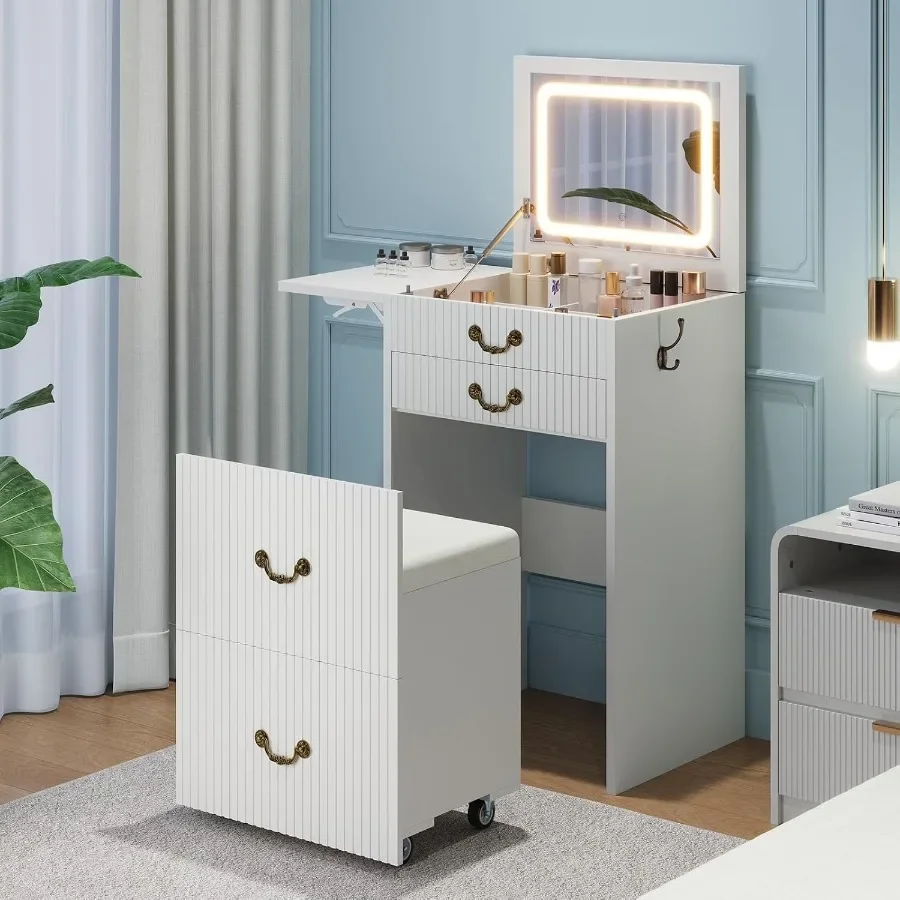 3-in-1 Vanity with Flip Mirror Lights, Fluted Compact Vanity Table with 3 Drawers, Storage Compartment and Rolling Stool, Moder
