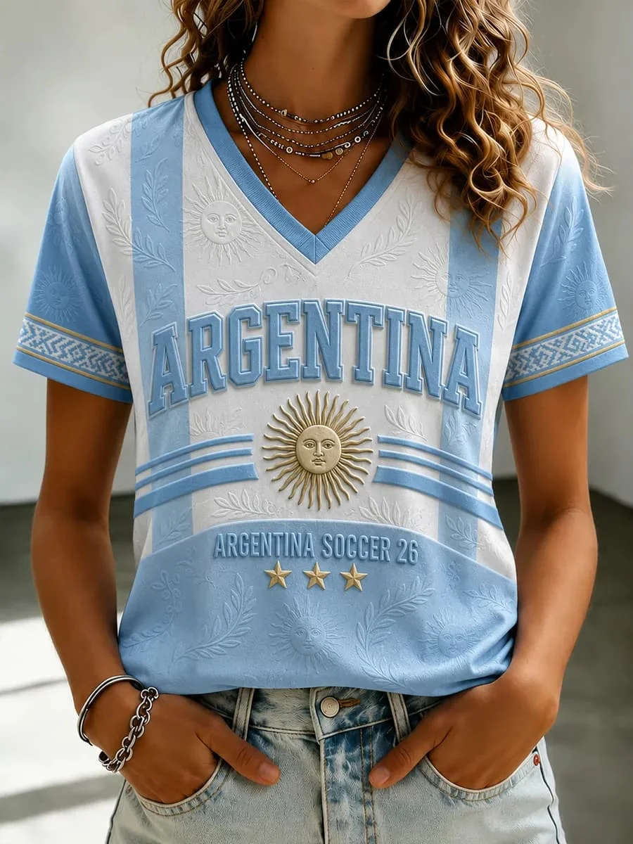 Women 2026 Argentina Football Jersey  Short Sleeve National Print Soccer T Shirt Fashion Breathable Casual Sports Fan Tee Top