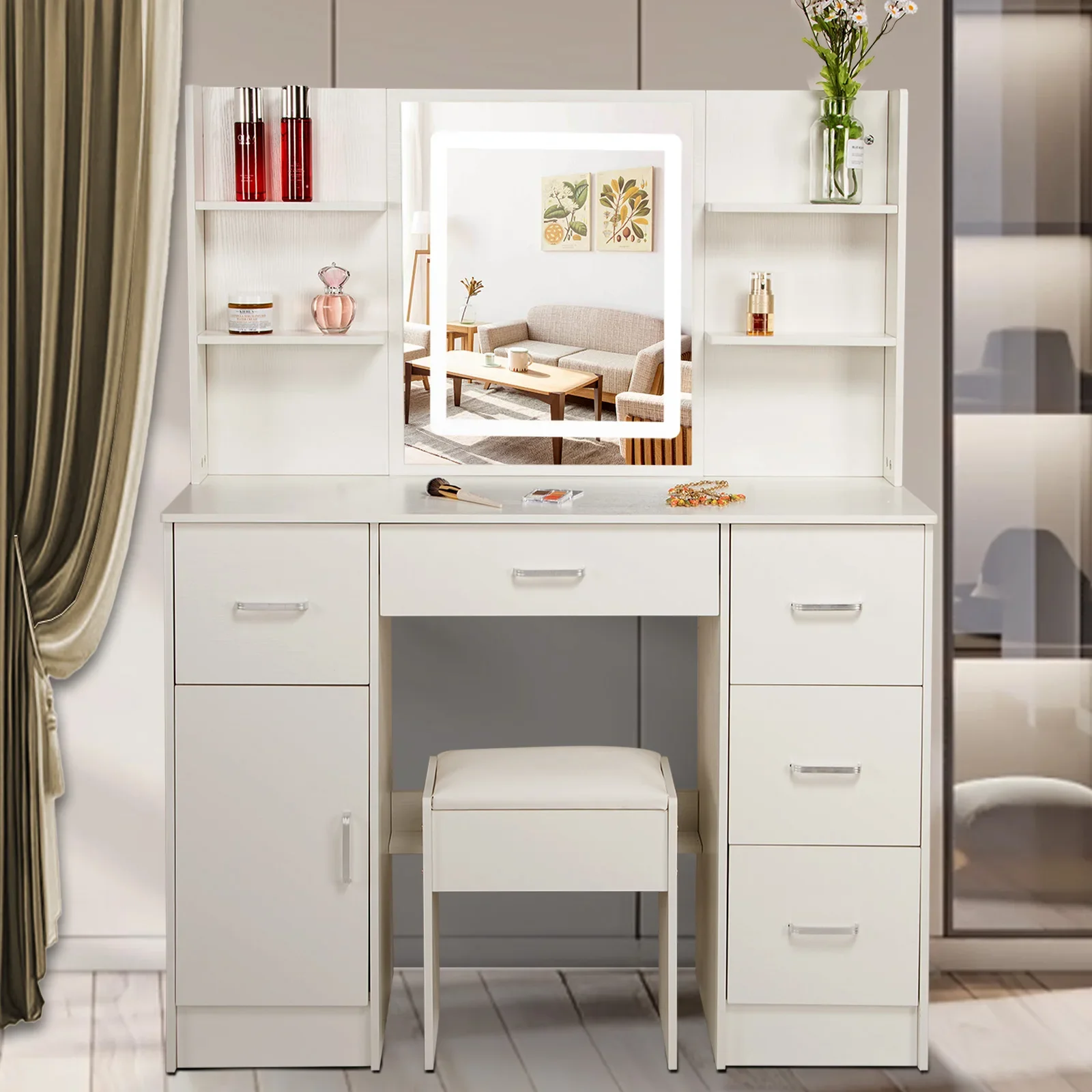 Yamissi Dressing Table Stool Set LED Dimmer Mirror Makeup Vanity Desk White NEW Bedroom Furniture Vanity Table with Drawers