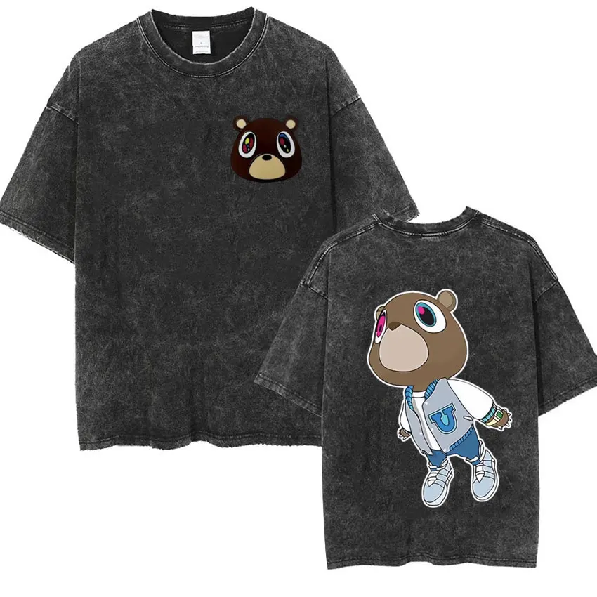 

Kanye West Graduation Dropout Bear Washed T Shirt Men's Women Harajuku Retro T Shirts Hip Hop Style Oversized T-shirt Streetwear