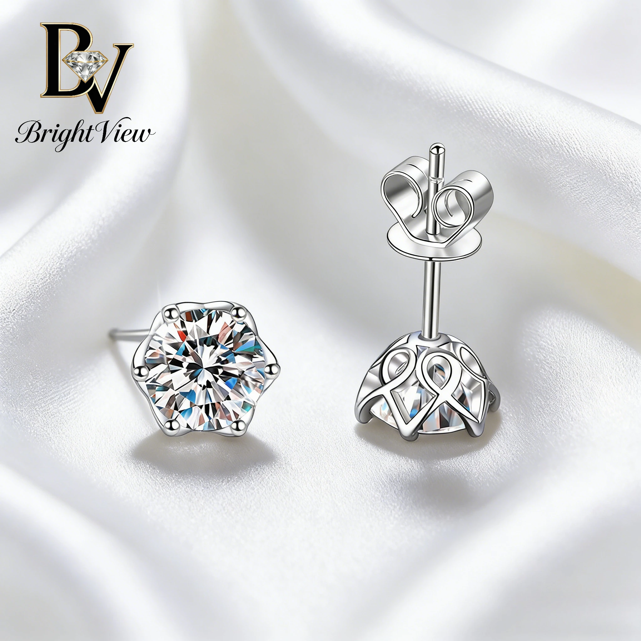 

1Pair Rose Carved 6-Prong Moissanite Stud Earrings S925 Sterling Silver Anti-allergy Earrings for Women