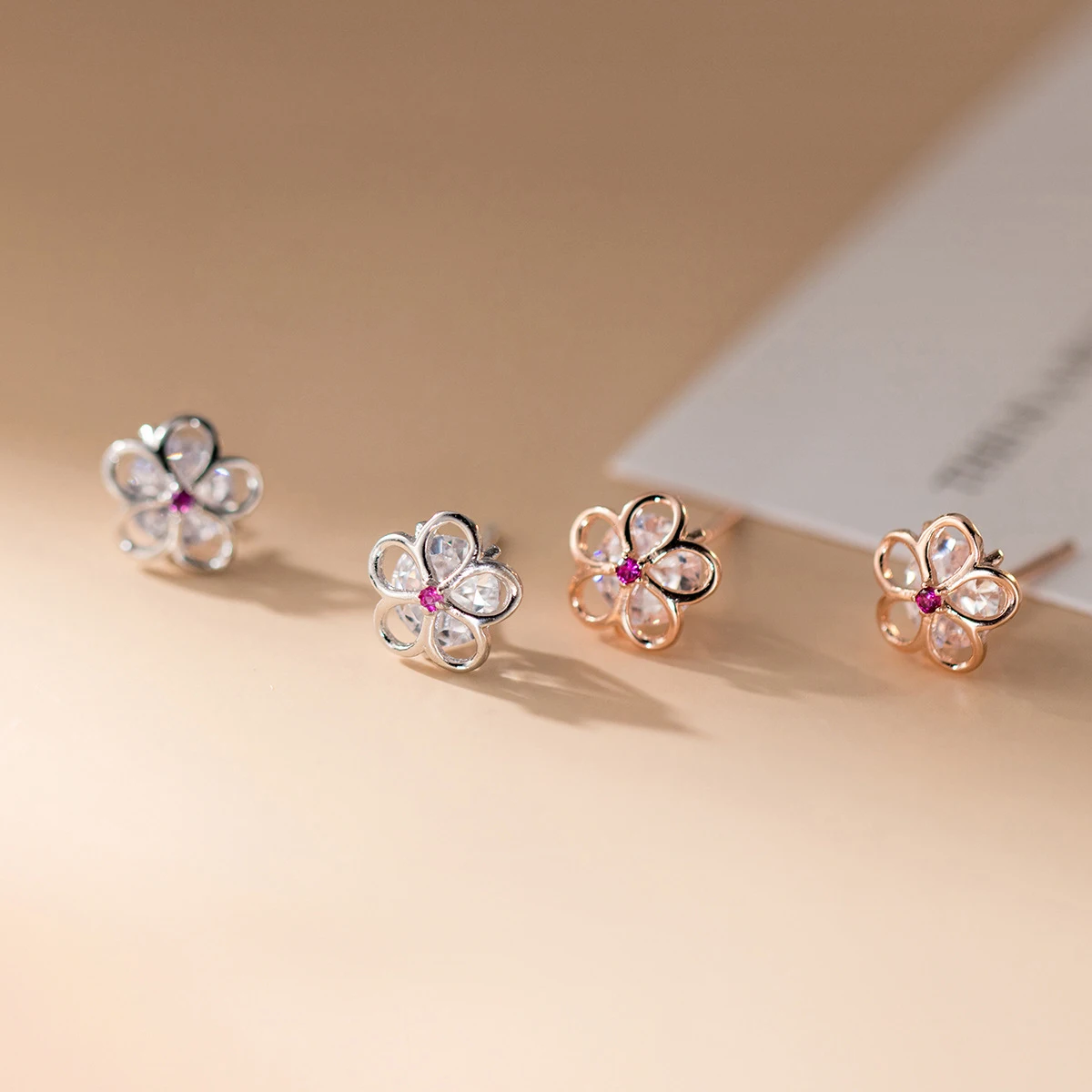 Modian Summer Beach 100% 925 Sterling Silver Pink Crystal Zircon Stud Earrings For Women Clear CZ Hollow Flower Silver Jewelry