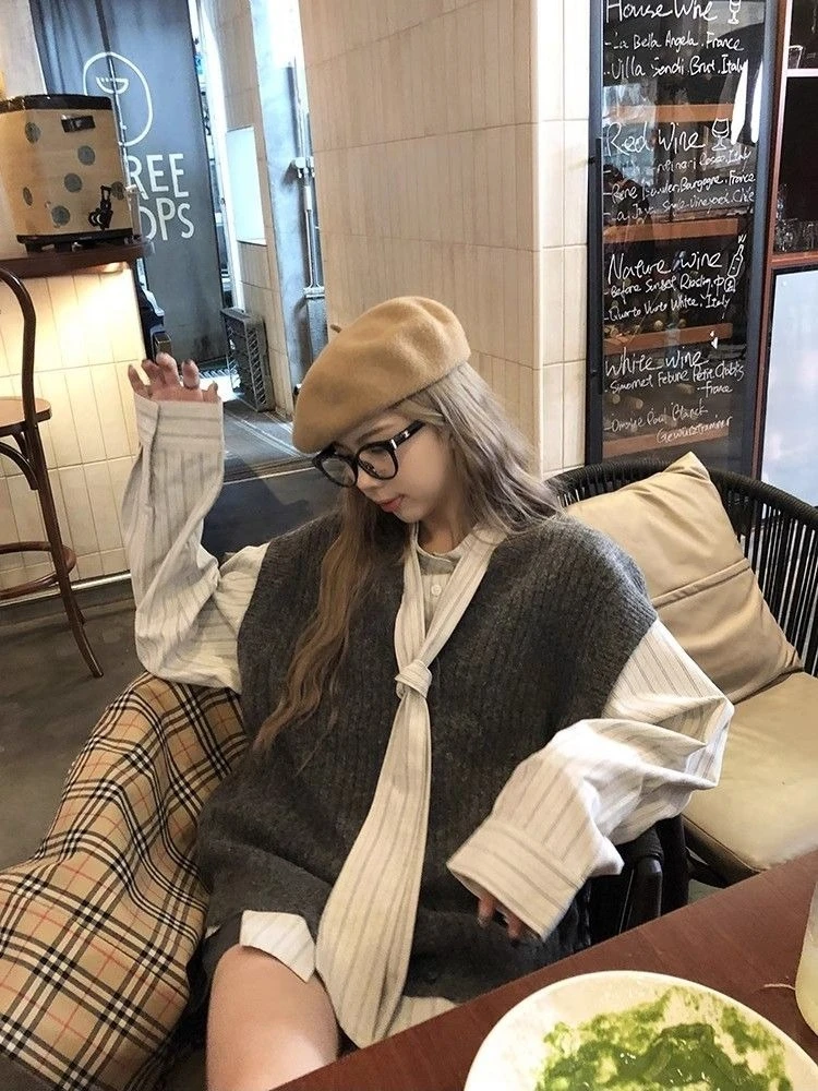 

Deeptown Preppy Style Sweater Vest Women Vintage Sleeveless Grey Knitted Cardigan Korean Fashion Aesthetics Sweater Streetwear