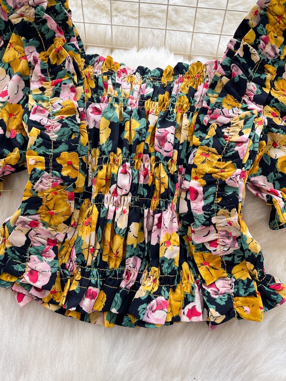 French Sle Floral Print Bubble Sve ort irt Women's Slim Fit irt Square Collar Summer Faion Retro Top