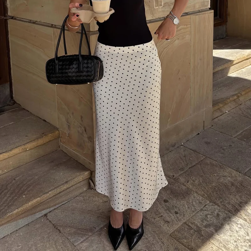 

TARUXY Fashion Polka Dot Satin Skirts Women's High-Waisted Straight-Cut Maxi Skirt Female Slim 2026 Summer Commuter Casual Skirt