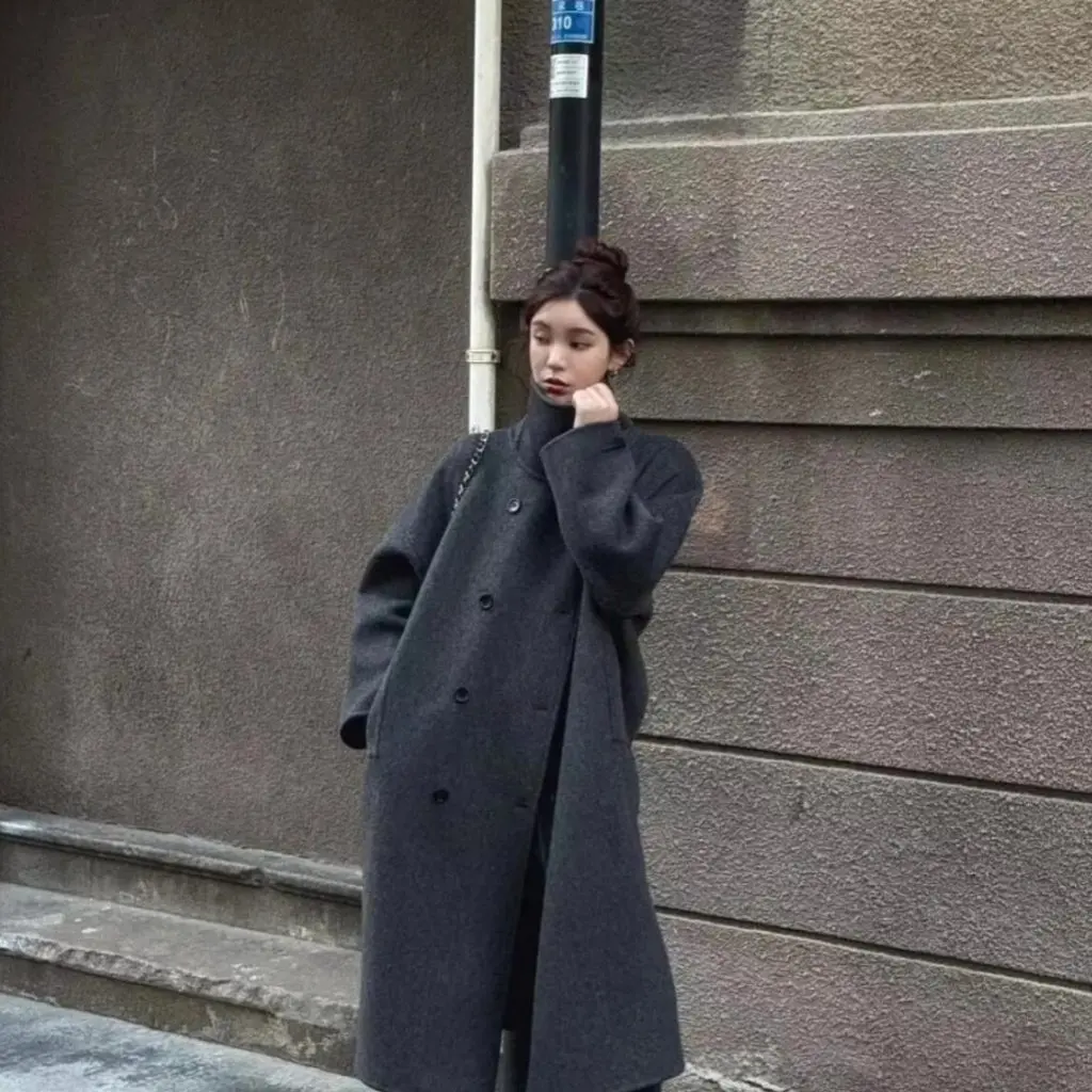 

Dongdaemun Women's Double-Breasted Cashmere Outwear Mid-Length Stand-Up Collar Woolen Classy Autumn Winter Coat