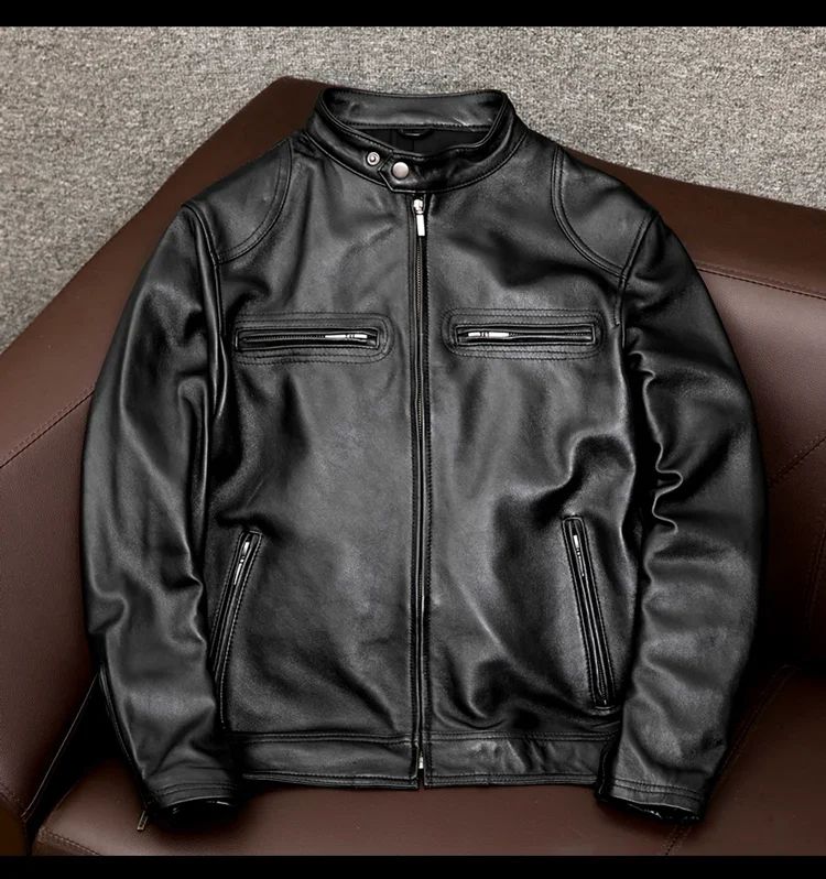 

LNY Shop Best Classic Rider.Wholesales.Popular Plus size soft cowhide Jacket,men slim genuine Leather coat.biker leather clothes