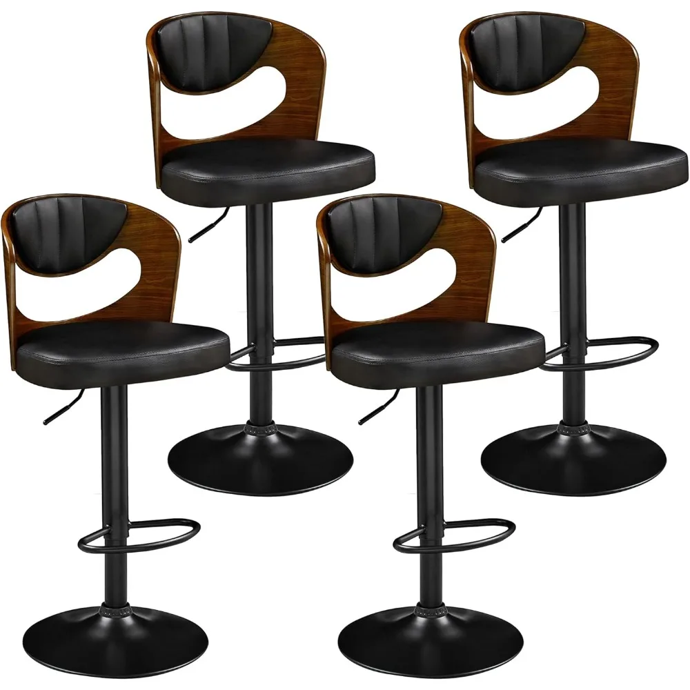 BarStools Set of 4,Kitchen Island Stools with Bentwood Back,Arm&Footrest,Counter Height Bar Chairs PU Leather Cushion Sea