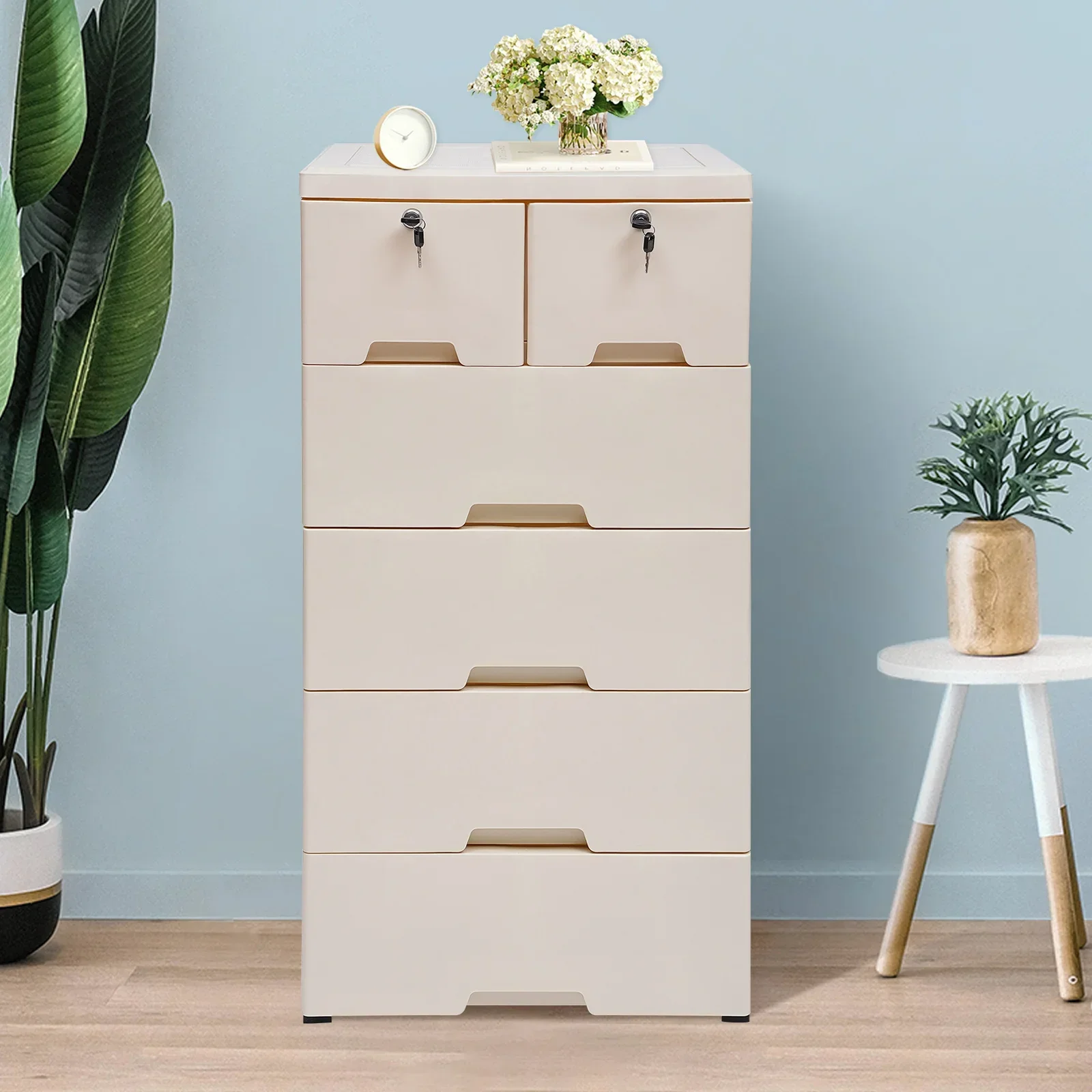 

Bymaocar 5-слойные бежевые передвижные шкафы для хранения, 6 запираемых ящиков для хранения гостиных, спален и детских комнат