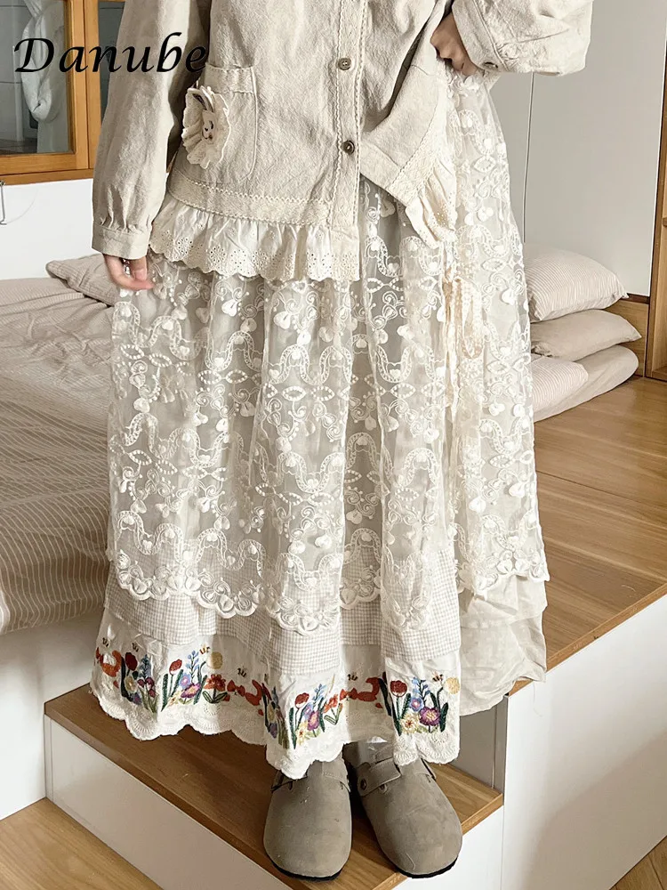 Vintage Embroidery Flower Cotton Linen Skirt Women Japanese Mori Lace Patchwork Elastic Waist Pleated Long Skirts Faldas Mujer