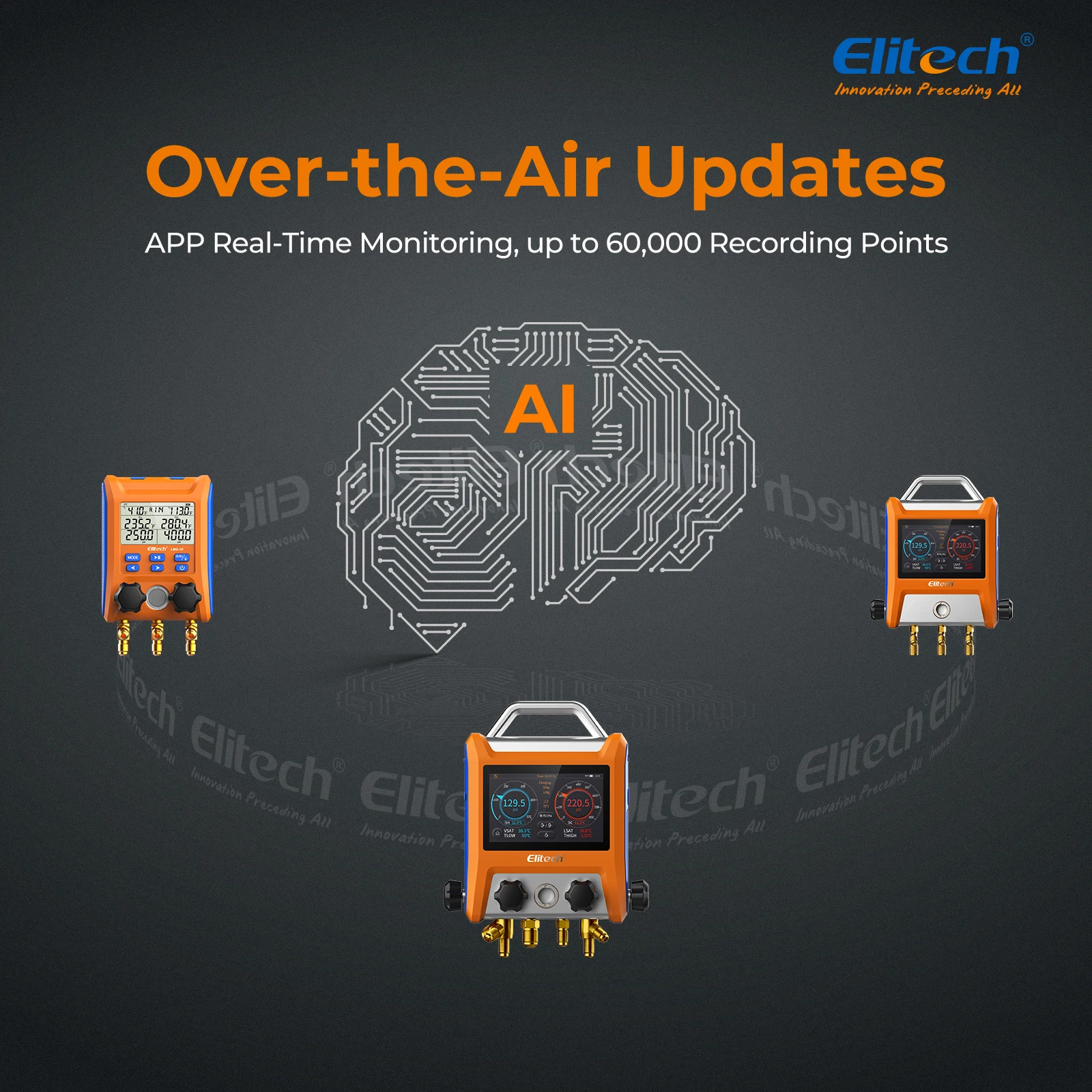 Elitech-Kit de colector Digital inteligente EMG-40V, 4 válvulas con pantalla táctil inteligente de 5 ", medidor de HVAC con Bluetooth