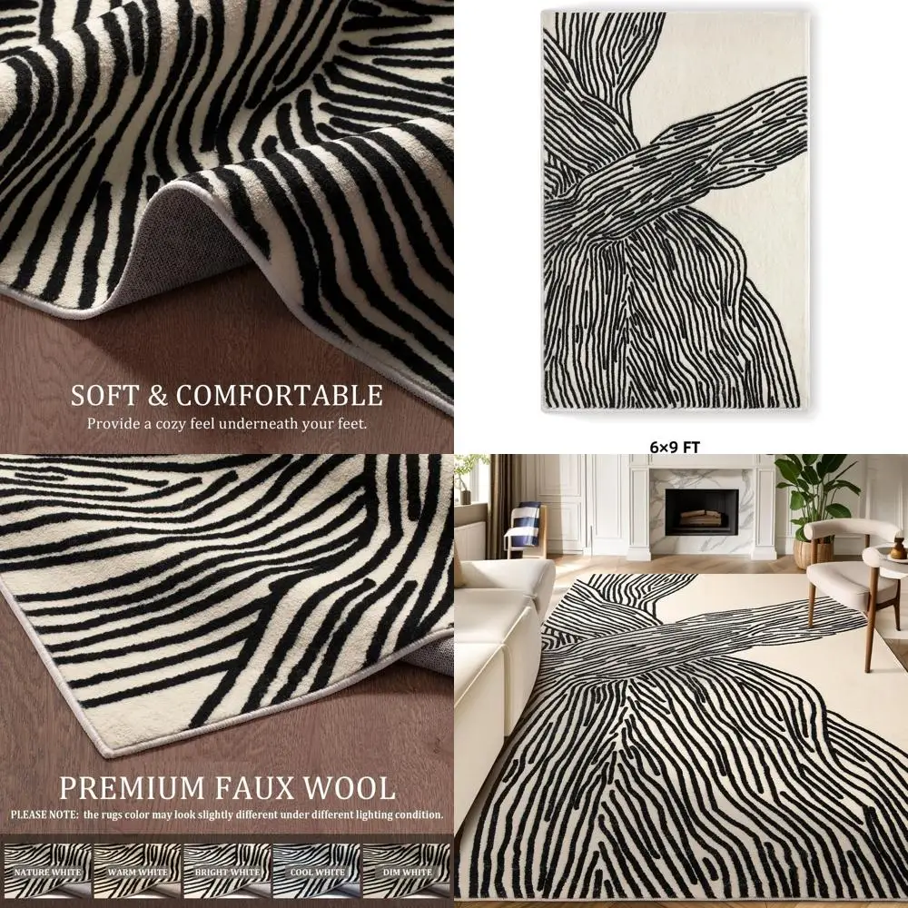 

Моющийся абстрактный ковер 6x9 футов - черно-белые полосы для современных помещений