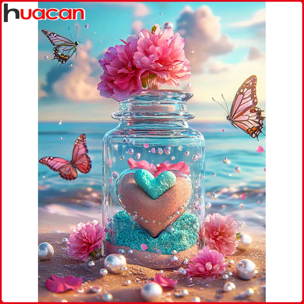 Huacan 5D DIY Diamantmalerei Meereslandschaft mit Herz und Schmetterling, Diamant-Mosaik, Neue Kollektion Dekorative Gemälde