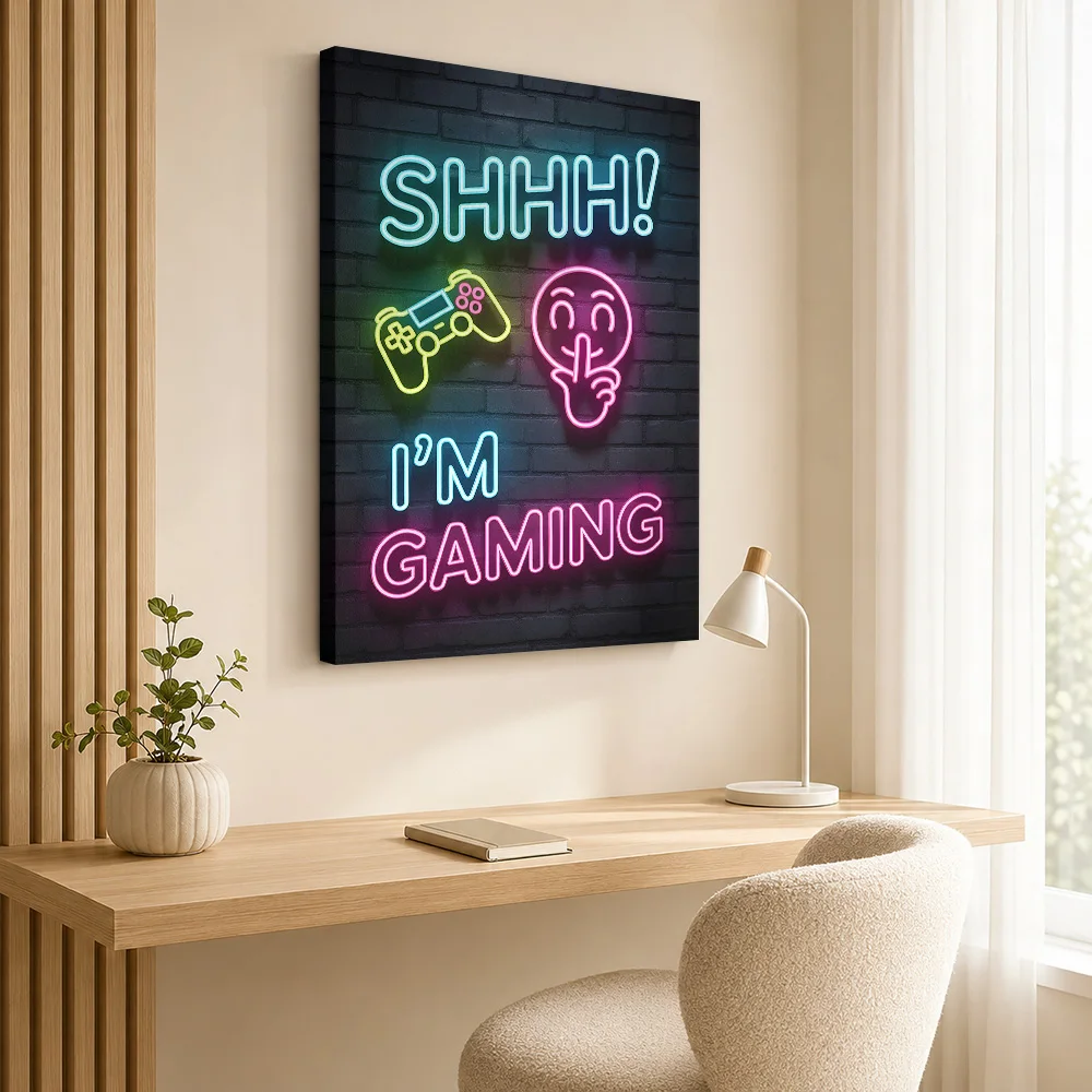 Shhh Im Gaming Neon Sign Framed Canvas Posters Minimalist Style Canvas Wall Art With Customized Photo For Dorm Ideal Teen Gift