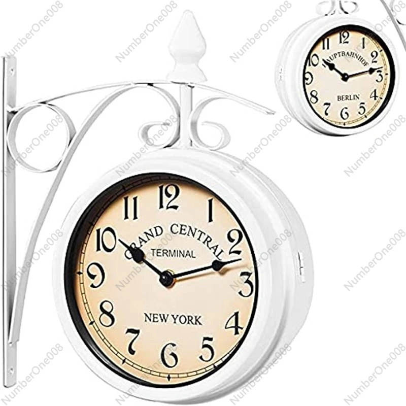 

Iron Round Wall Hanging Double Sided Two Faces Retro Station Clock Round Chandelier Wall Hanging Clock Home Decor