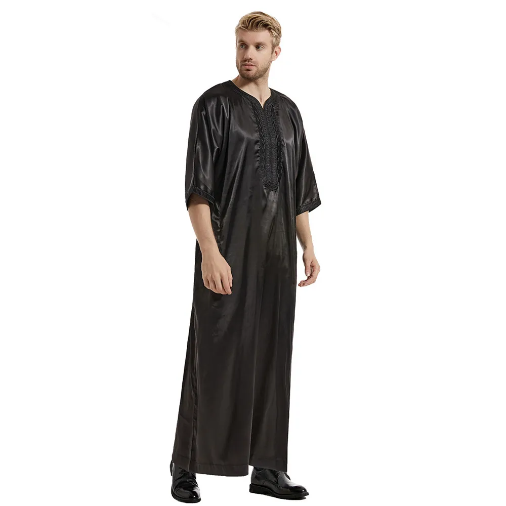 Satin Stripes Mens Muslim Dress Abayas Dubai Casual Kaftan Robe Islamic Short Sleeve Arabic Jubba Thobe Middle East Eid Ramadan