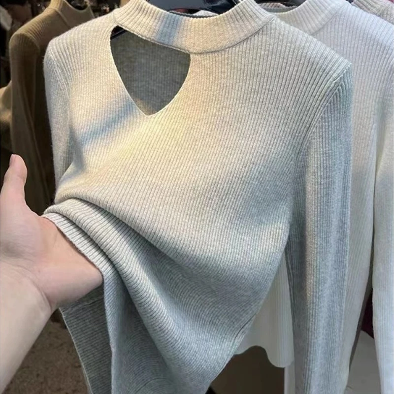 

Autumn Winter Knitted Pullover Fashion Hollow Out Sweater Solid Color Slim Fit Tops Half High Collar Long Sleeve Clothes 29136