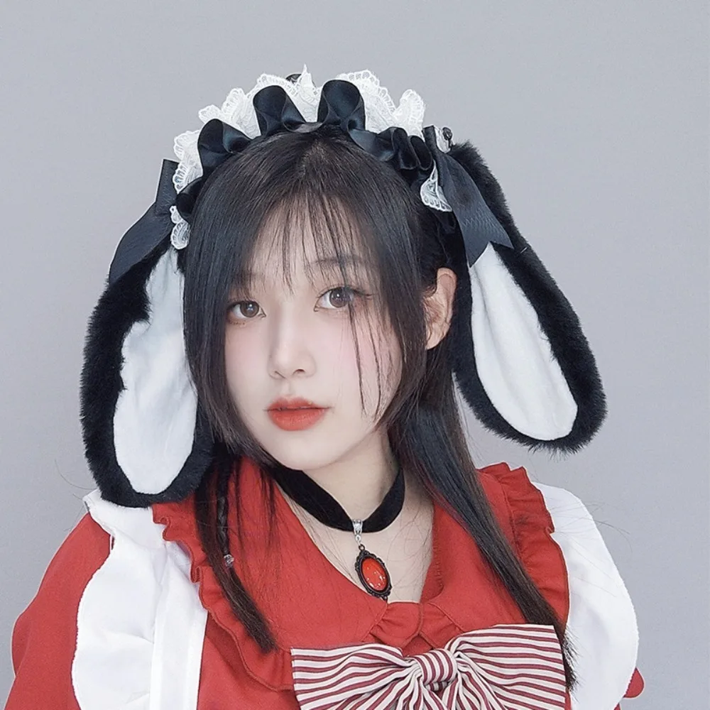 Dolce fiocco in peluche coniglietto cerchio per capelli nastro peloso Lolita orecchie di coniglio fascia carino pizzo Lop orecchio copricapo accessori per la testa