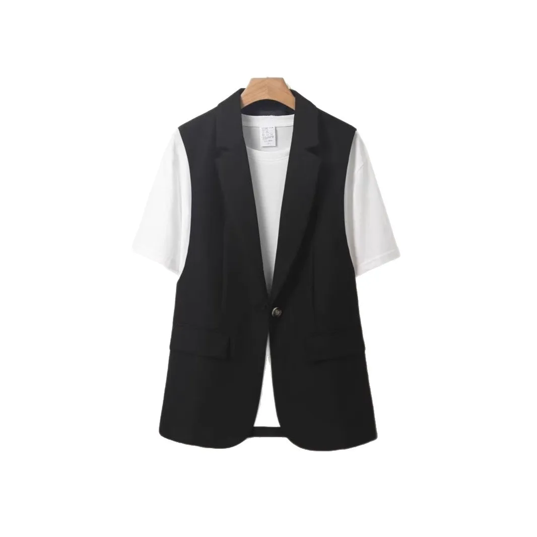 Black Solid Vest Button Front Loose Fit Waistcoat Notched Lapel Front Pocket Sleeveless Blazer V Neckline Peplum Hem Blazer Vest