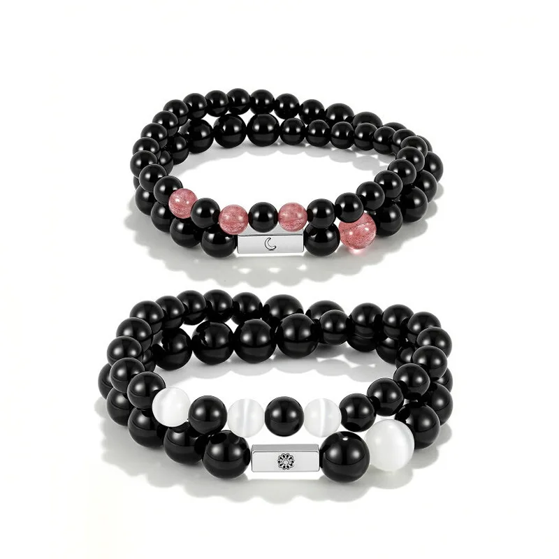 Chinese Style Lucky Natural Obsidian Sun Moon Double Layer Couple Bracelet Strawberry Quartz Cat Eye Stone Handmade Beaded Fortu view 5