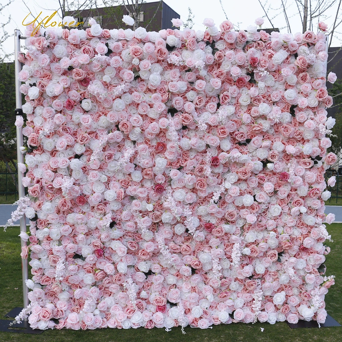 Uflower Wedding White Pink Rose Artificial Flower Wall Row Arch Backdrop Fake Floral Event Party Prop Floral Arrangement Decor