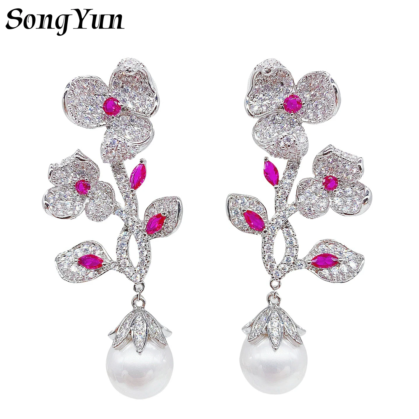

Fashion Flower Shape Jewelry Design Earrings Luxury Cubic Zirconia and Freshwater Pearls Party Long Dangle Drop Earrings Women