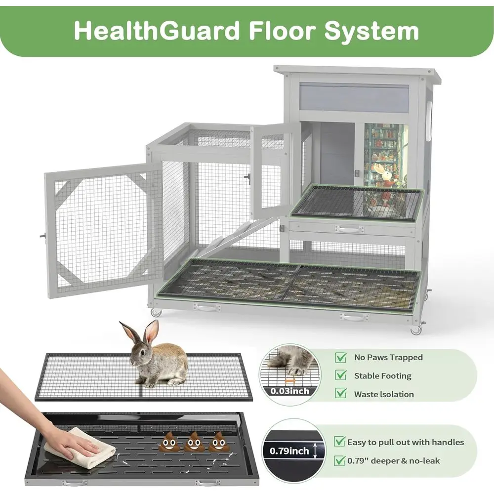 Rabbit Hutch Indoor Outdoor Bunny Cage with Wire, Gray | 2 Wire & Removable Trays, 2-SLarge Wooden Rabbit Cage on Wheels, for Mu