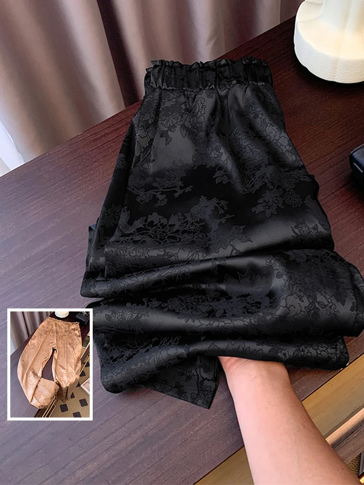 

New Chinese Sle Women's Wide Leg Pants Silk Satin Draped Straight Casual Slimming Long Trousers Comfortable Cool Faion