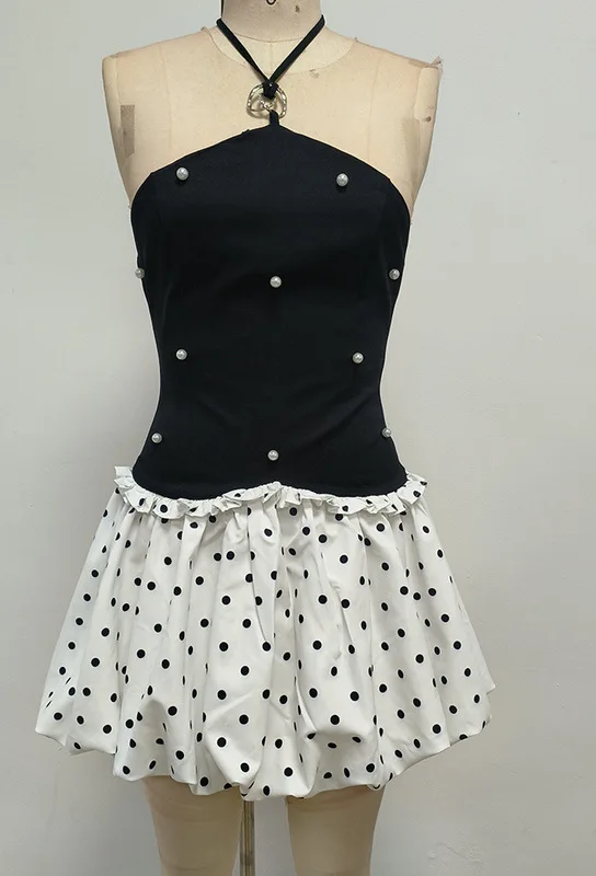 Fashion Black and White Patwork Halter Pearl Mini Dress with Polka Dots Backless Sleeveless Dresses Sweet Festivals Party Gown