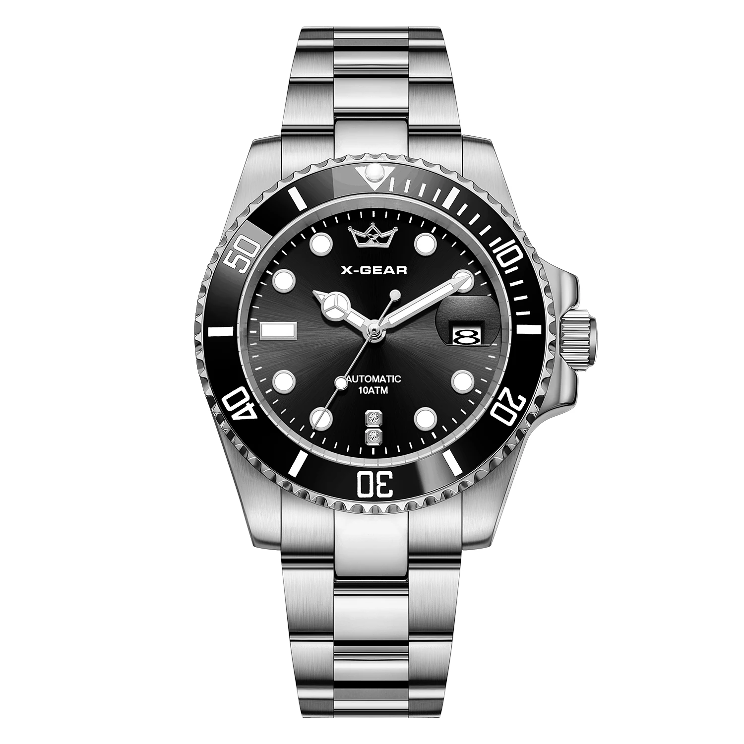 X-GEAR Mechanical Movement Classic Water Ghost Calendar Magnifier Men Watch Stainless Steel Ceramic Bezel