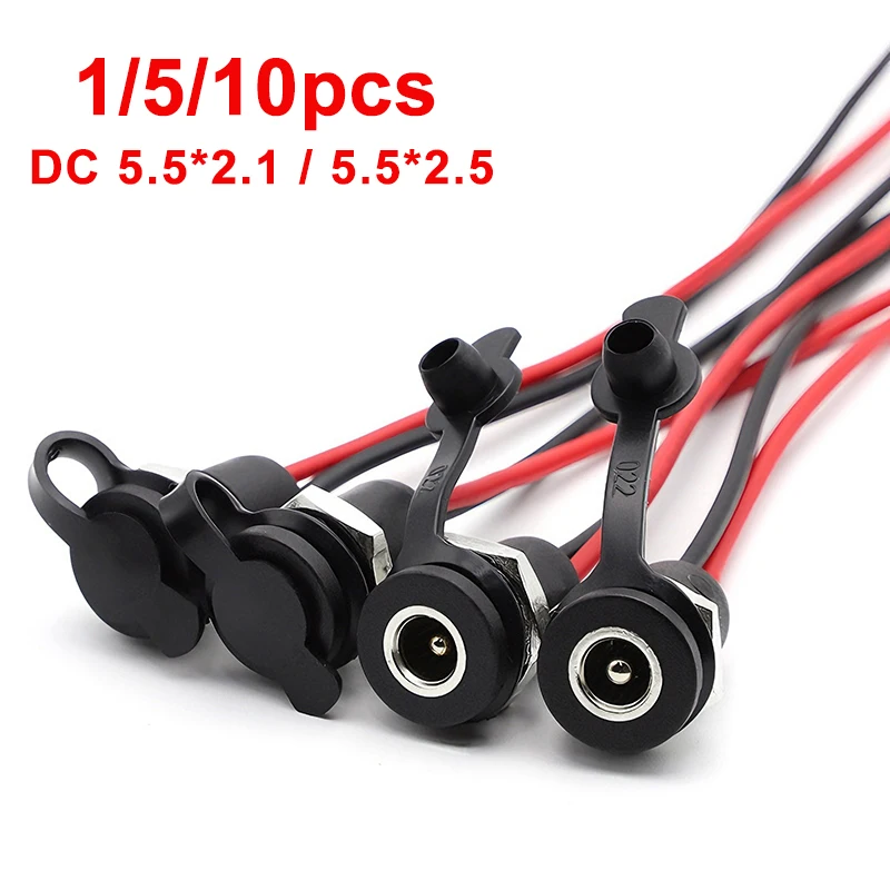 1/5/10pcs DC 5.5 X 2.1mm 5.5X2.5mm Battery DC Power Female Socket Waterproof Connector with 2 Pin 18AWG Pigtail Wire Cable DIY