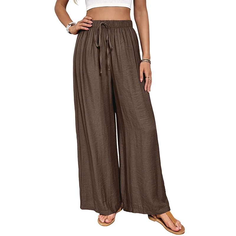 2025 New Casual Simple Style Lace-up Embroidery Solid Color Loose Wide-leg Pants Thin Women