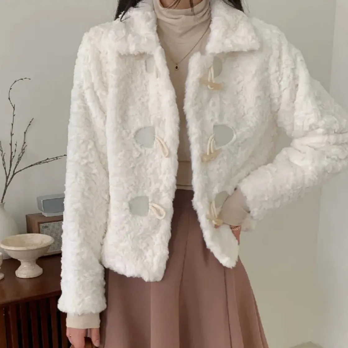 

Faionable ort Cotton Jaet Women's Chic Autumn Winter New Sle Korean Version Small Size Button Detail Trendy Top